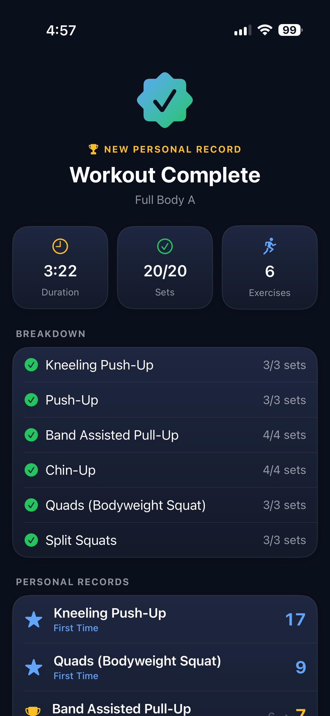 Workout complete screen with new personal record