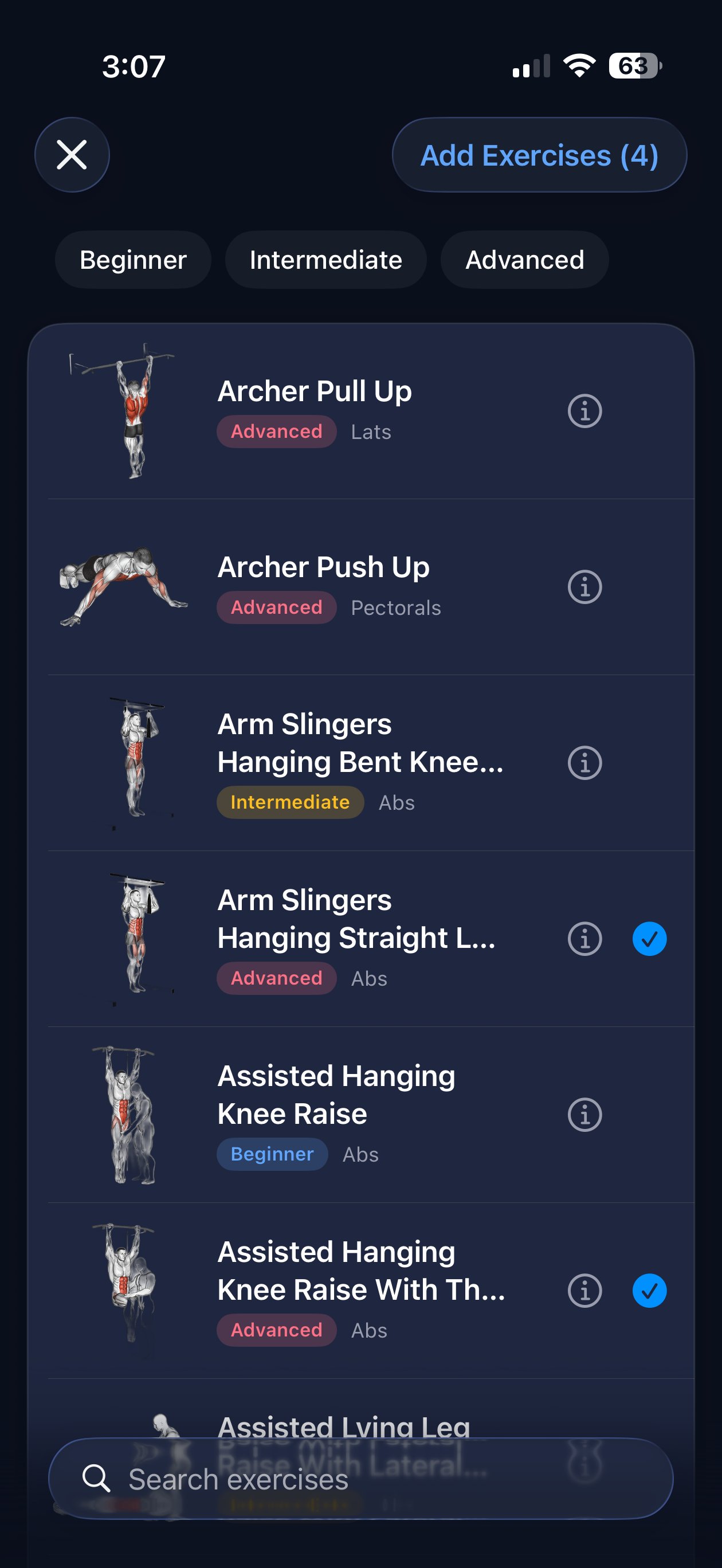 Exercise library with level filters