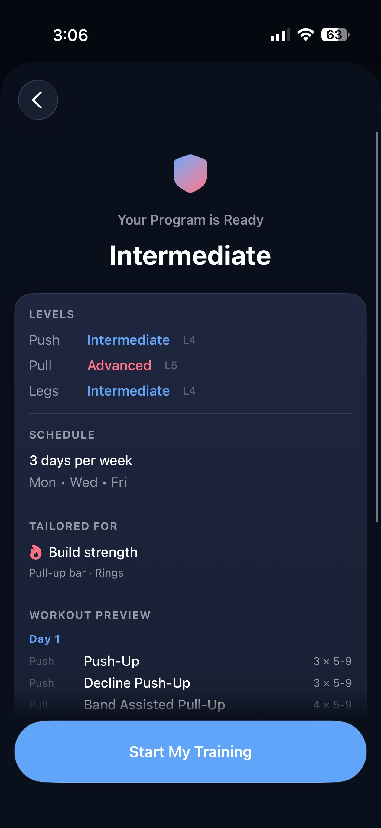 Program ready screen showing intermediate level and tailored workout preview