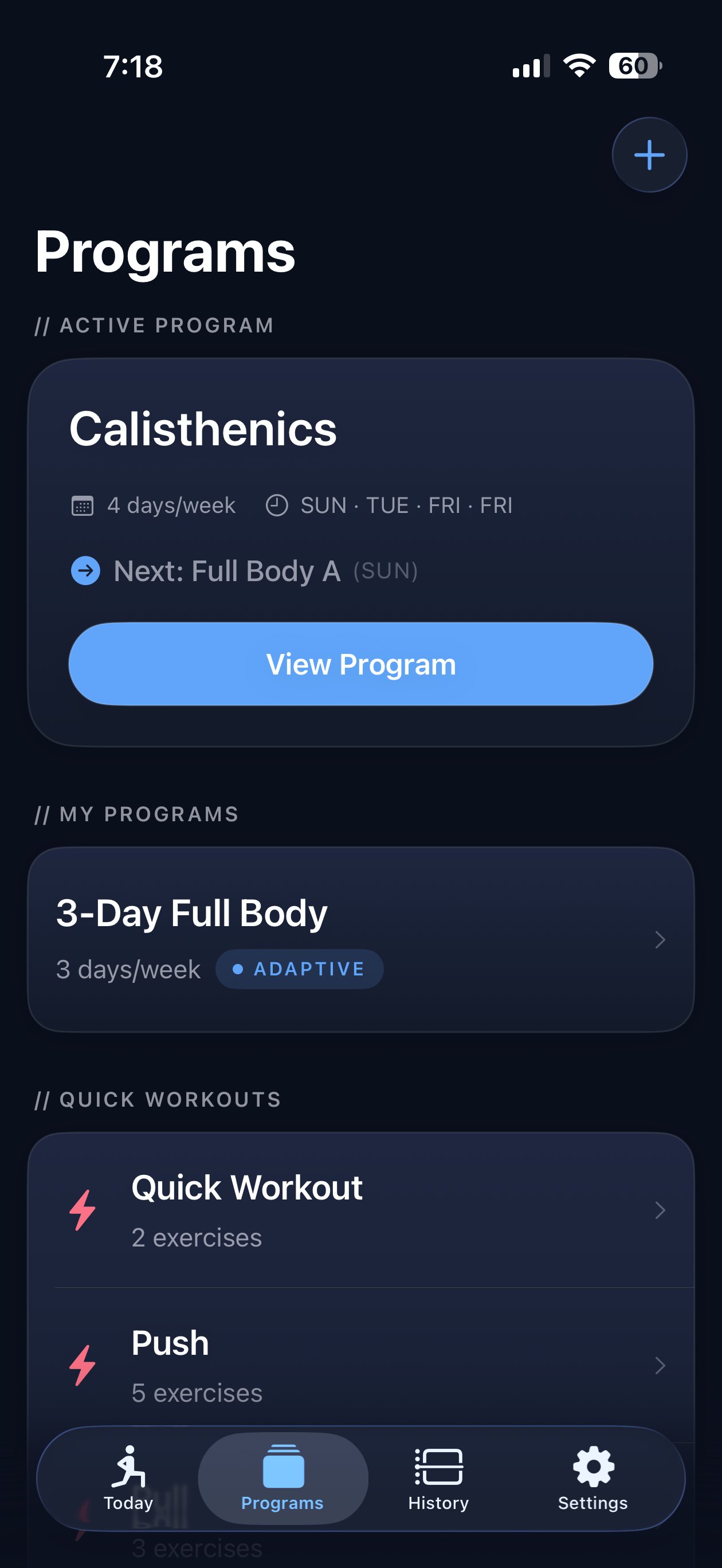 Programs screen with active program and quick workouts