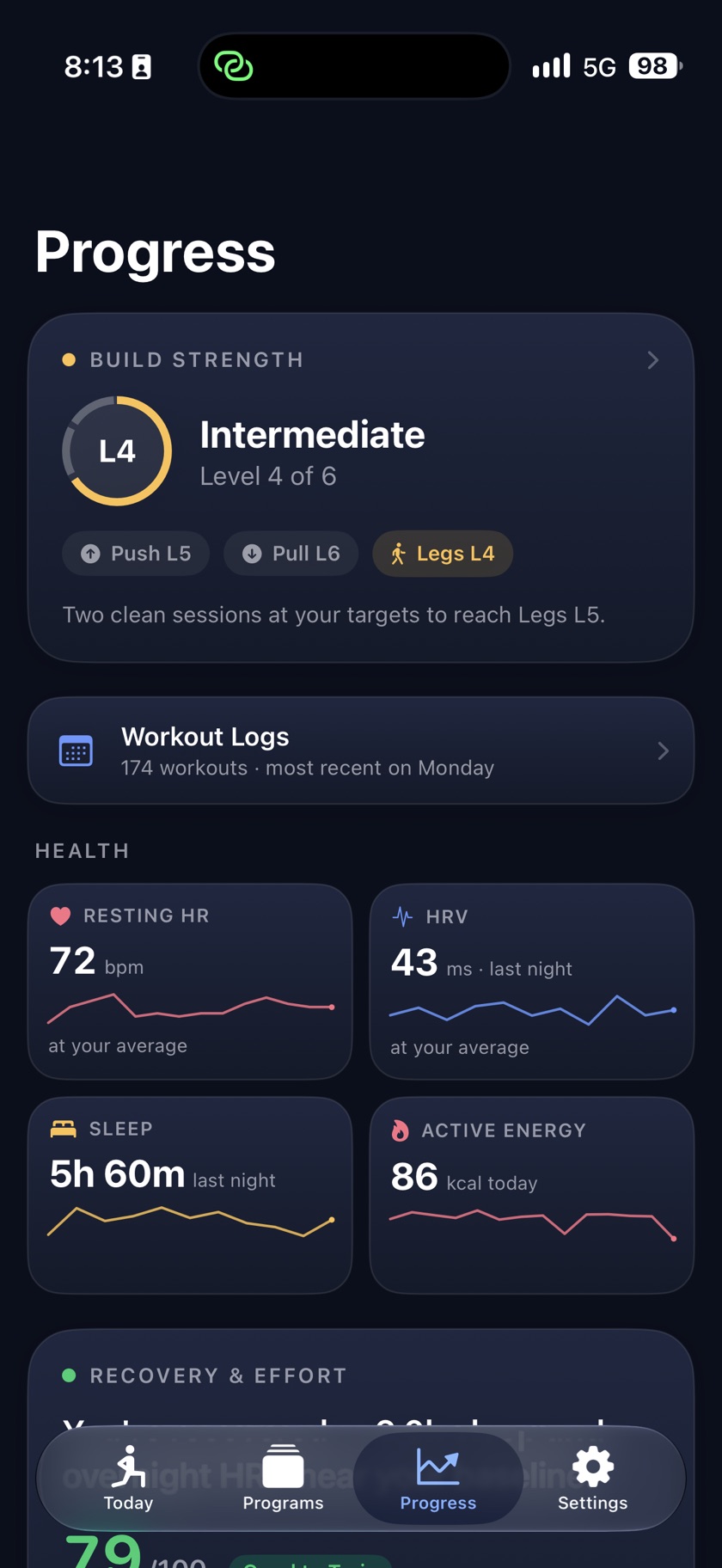 Tiqan Progress — strength level plus Apple Health metrics: resting heart rate, HRV, sleep and active energy