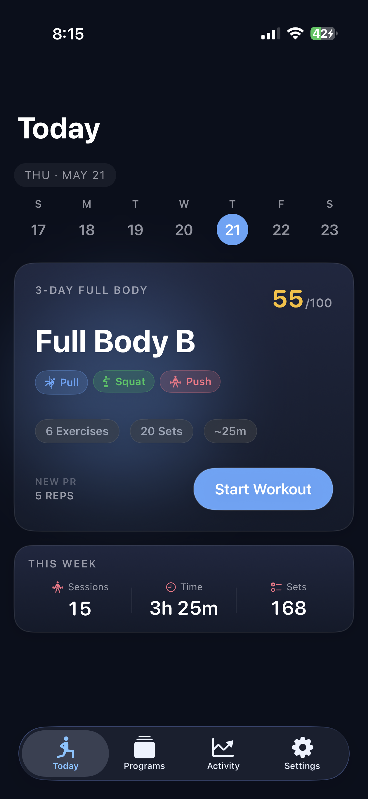 Tiqan today screen showing workout progress
