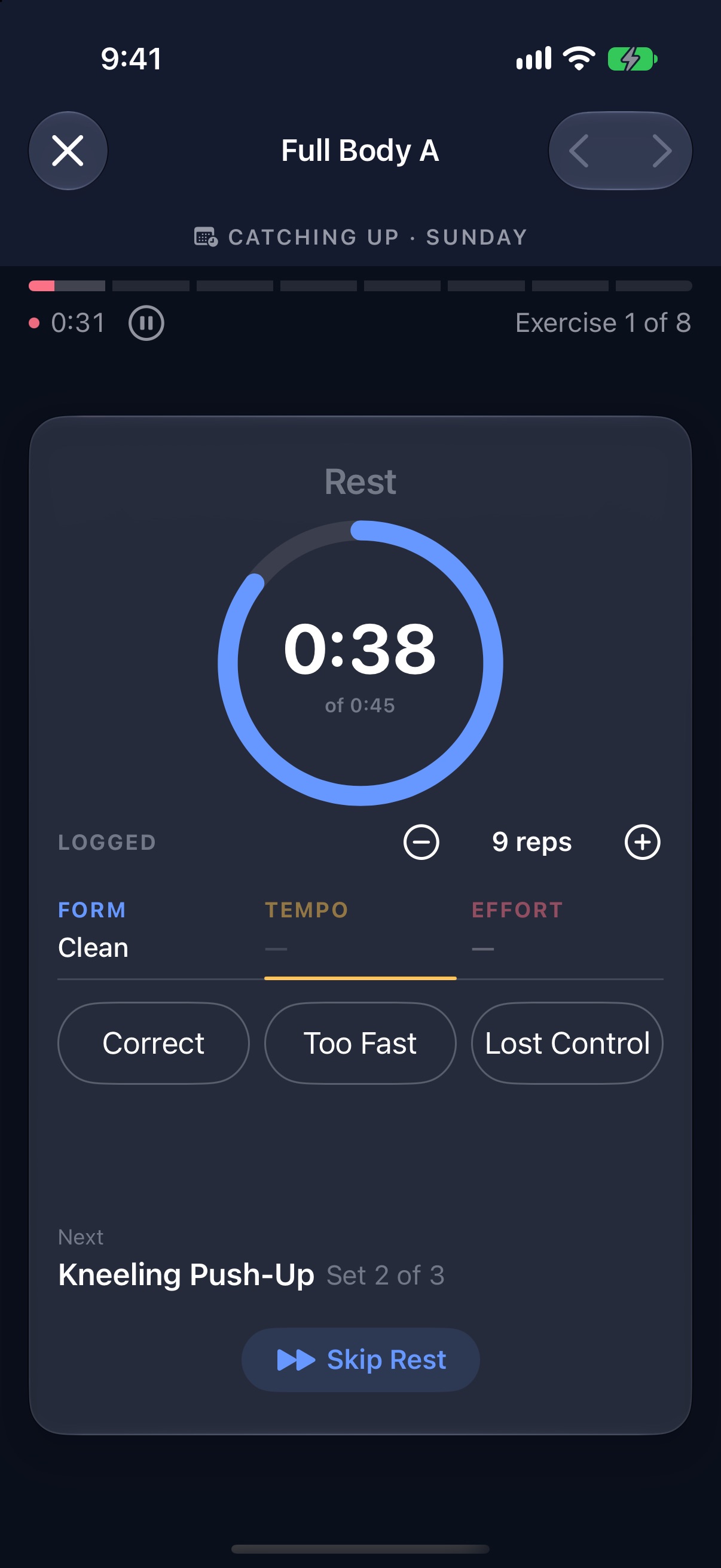 Tiqan rest screen with Form, Tempo and Effort ratings