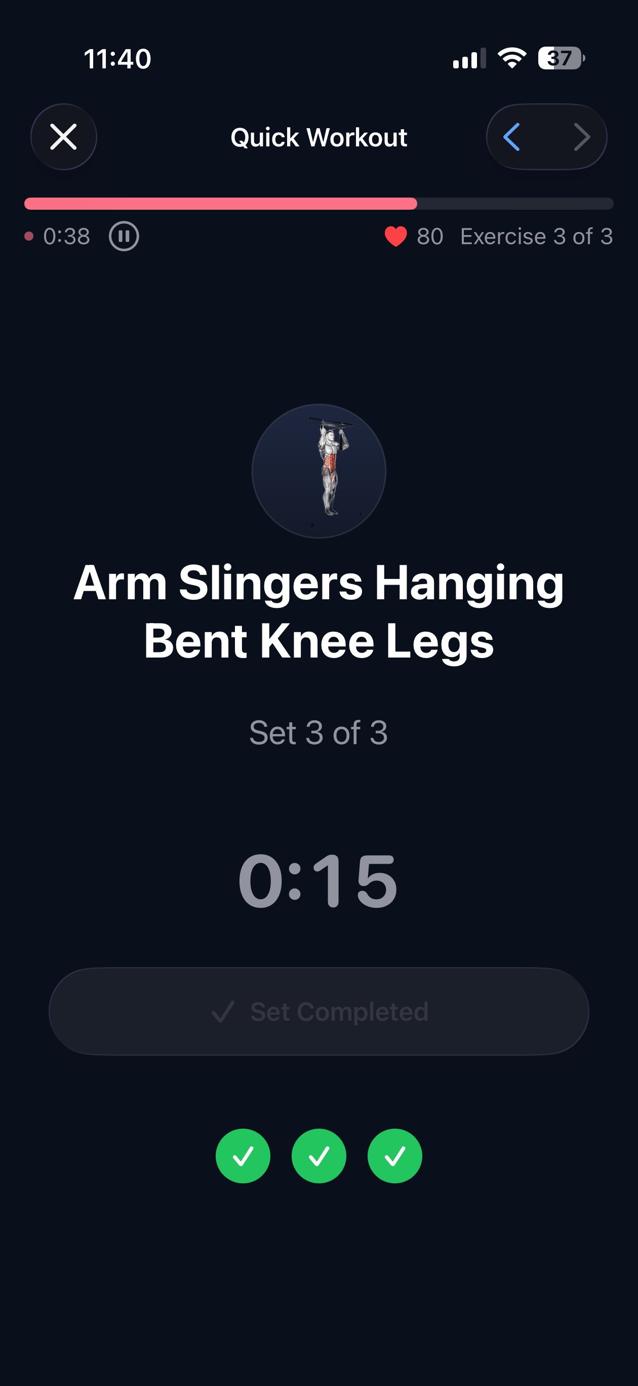 Active workout screen with exercise timer